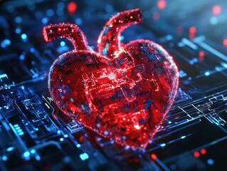Futuristic heart shape with digital circuit pattern.