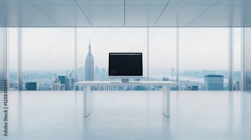Poster empty modern office space with city view and computer monitor