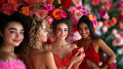 Four young women celebrate with vibrant flowers and gifts at a joyful gathering in a colorful floral backdrop