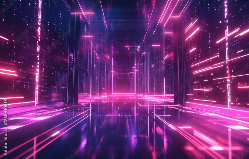 Poster Futuristic data center with glowing pink neon lights and reflective surfaces, creating a high-tech digital atmosphere. Ideal for technology, cybersecurity, innovation, and network concepts