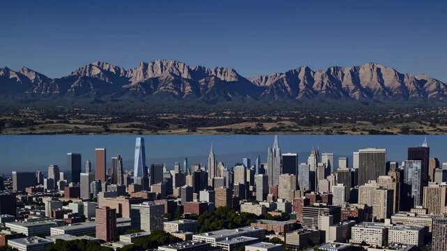 Split-screen video showcasing a wide-angle aerial view of a mountain range above and expansive farmland below, highlighting natural landscapes.