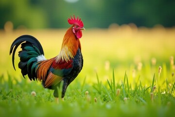 Rooster standing in a field of tall grass , bird, farm, nature