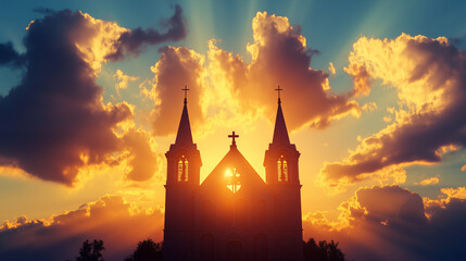 Majestic Twin-Spired Church Illuminated by Golden Sunset with Dramatic Cloudscape in the Evening Sky