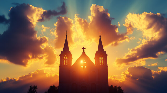 Majestic Twin-Spired Church Illuminated by Golden Sunset with Dramatic Cloudscape in the Evening Sky