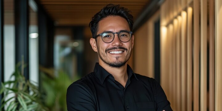 Confident hispanic male adult smiling in modern office hallway