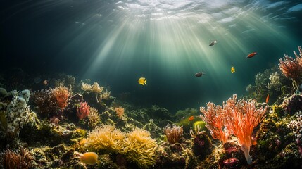 Fototapeta premium Sunbeams illuminate vibrant coral reef teeming with colorful fish.
