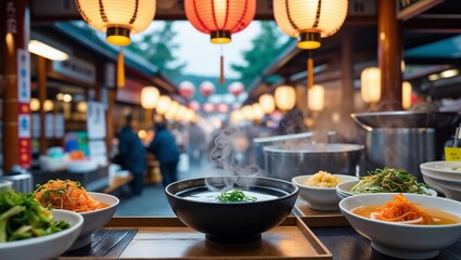 Fototapeta premium Street Food: Miso Soup with Rising Steam, Lanterns in Background