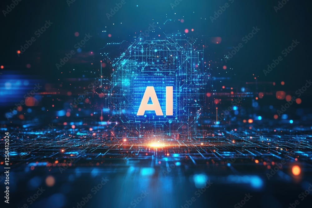 Poster visual representation of artificial intelligence with glowing digital elements and futuristic design