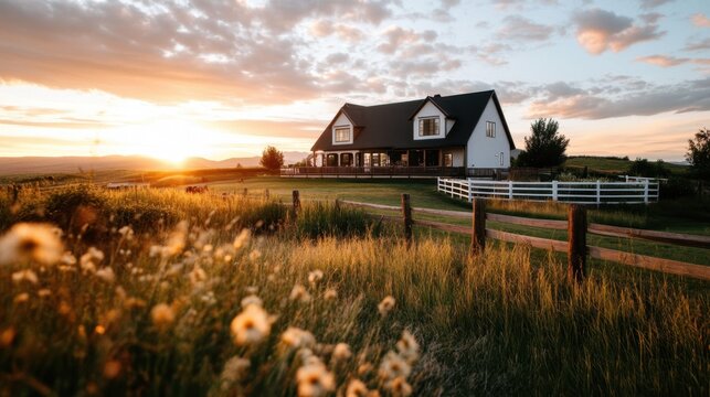 Idyllic rural sunset: white farmhouse and vibrant fields under a golden sky