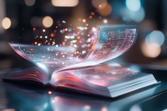 A high-tech futuristic holographic publication, where digital books and research papers float in mid-air