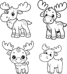 Cute Cartoon Moose Illustrations - Black and White Line Art