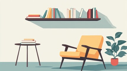Cozy minimalist reading corner with a single chair, side table, and books neatly arranged on floating shelves