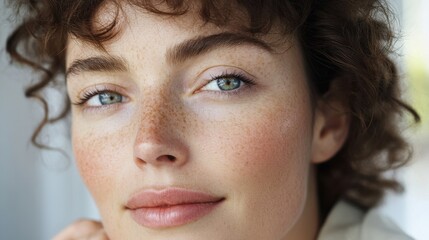 Fototapeta premium Close-up portrait of a young caucasian female with curly hair and freckles. Rosacea Awareness Month