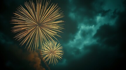 Fototapeta premium Vintage Gold and Green Fireworks Display with Elegant Sparkles