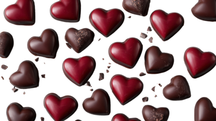 Heart-shaped chocolates falling on transparent background representing valentine's day romance