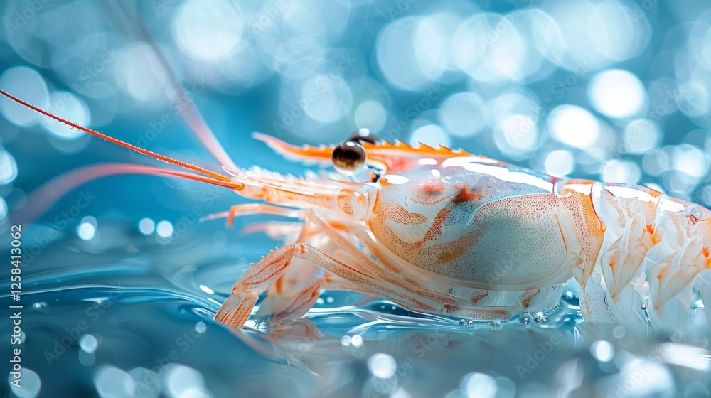 Poster a close up of a freshwater shrimp showcases its delicate features and vibrant colors as it navigates
