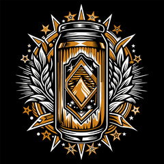 Golden aluminum can sparkling with a mountain logo, surrounded by stars, barley, and decorative elements, creating a vintage and celebratory emblem perfect for beer branding