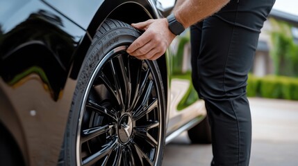 Caucasian adult male checking car tire pressure outdoors. Summer Tire Changeover Month