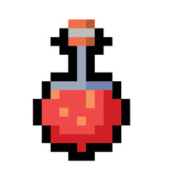 Pixel art red potion bottle with retro gaming style and fantasy magic theme. Game interface, pixelated life bar and menu button. Button 8 bit pixel