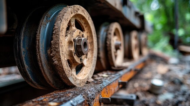 Close-up of rusty railway wheels on abandoned track in forest. Summer Tire Changeover Month