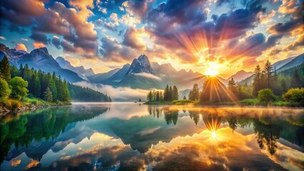 Serene Sunrise Mountain Lake Watercolor Landscape - High-Resolution Stock Photo