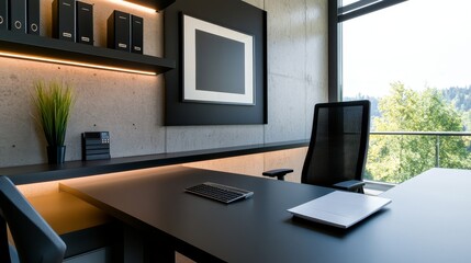 Modern office interior with sleek furniture, large window view of nature, and minimalist design elements