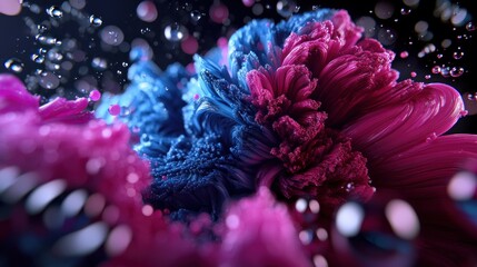 Fototapeta premium Abstract blue and pink paint splash, dynamic movement, dark background, design element