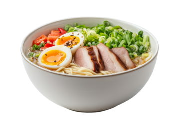 Delicious ramen bowl with fresh toppings and eggs