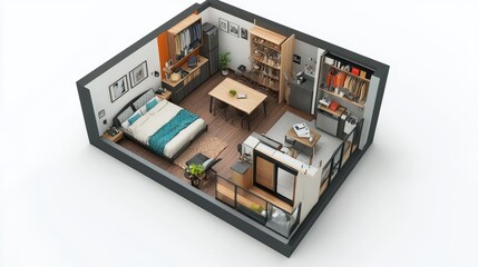 Cozy studio apartment layout with a combined living, dining, and sleeping area featuring space-saving furniture and clever storage solutions