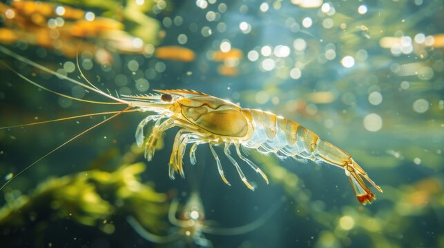 A translucent shrimp navigates through the sparkling water filled with sunlight, demonstrating its agile swimming in a vibrant freshwater ecosystem. Tiny particles drift by in this serene environment.