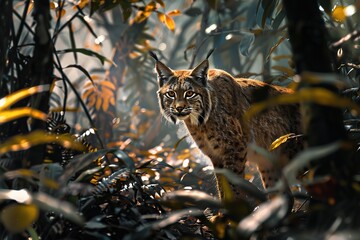 Obraz premium Eurasian lynx in the autumn forest, Ai Generated