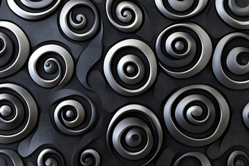 Geometric abstract background featuring spirals in black and silver, giving a sleek, dynamic, and intricate design.