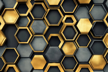 Geometric abstract background with hexagonal shapes in rich gold and gray, arranged in an intricate, symmetrical pattern.