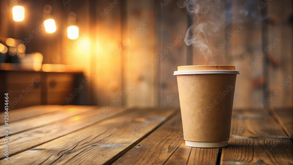 Poster a steaming cup of coffee on a rustic wooden table in a cozy cafe setting