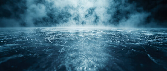 Fototapeta premium Professional ice hockey rink with dramatic lighting, fog, skate marks. Panoramic scene with winter sports arena for competition, championship. Sport background.Generative ai 
