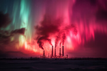 Obraz premium stunning oil refinery silhouette against vibrant auroras, showcasing industrial beauty and environmental contrast