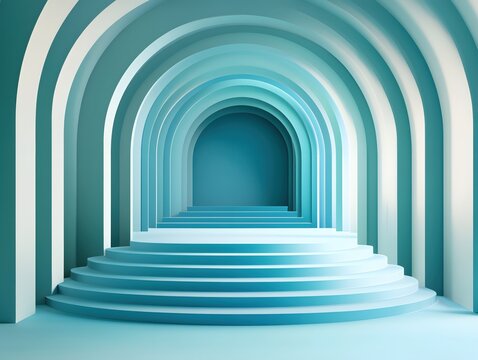 Serene Blue Archway with Steps Leading to a Modern Minimalist Stage Design