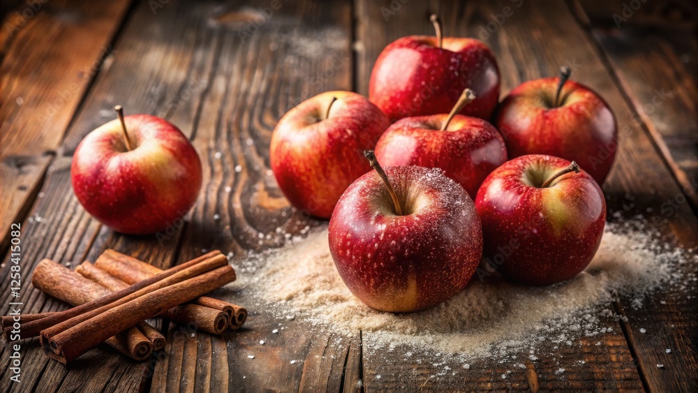 Poster Aromatic red apples and cinnamon sticks on a rustic wooden table with a dusting of powdered sugar