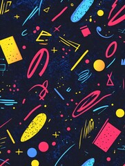 Vibrant Retro Pattern Featuring Geometric Shapes and Dotted Textures on a Dark Background