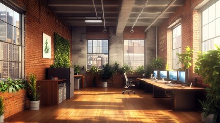 Sunlit modern loft office with exposed brick walls, hardwood floors, large windows, and abundant plants.