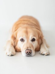 Peaceful Golden Retriever Resting Serenely on White Background with Soft Lighting