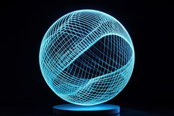 Geometric mesh wireframe sphere, glowing in electric blue on a black backdrop, giving a high-tech aesthetic.