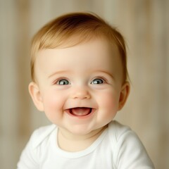 Fototapeta premium Happy baby smiling with bright blue eyes.