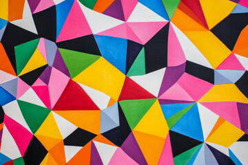 Geometric prism pattern, with bright multicolored triangles forming a striking, dynamic background.