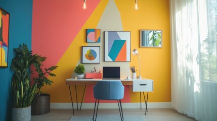 Creative home office with a colorful accent wall, modern art pieces, and an inspiring, minimalist desk arrangement
