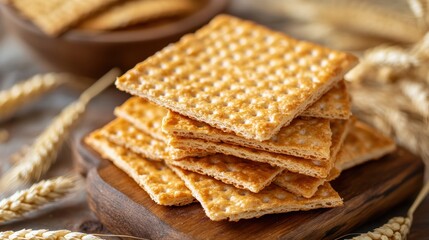 Fototapeta premium Crispy Crackers Stacked on Wooden Board with Wheat Background