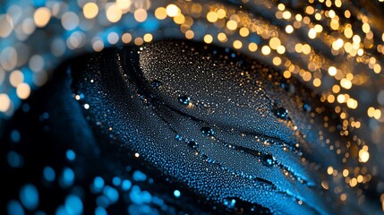 Abstract dark blue and gold swirling texture with bokeh lights.