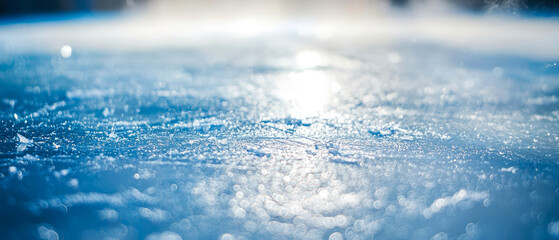 Dynamic ice hockey arena with neon stadium lights. Frozen surface, ice texture with flying ice particles, dramatic steam. Cold, intense background for professional game, sports action. Generative ai