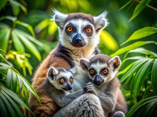 Obraz premium Adorable Ring-Tailed Lemur Family: Mother and Babies Clinging in Tree