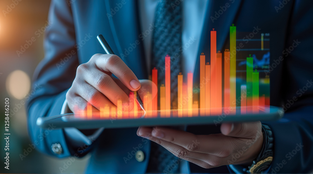 Poster business professional analyzing data on digital tablet with colorful charts and graphs displaying gr